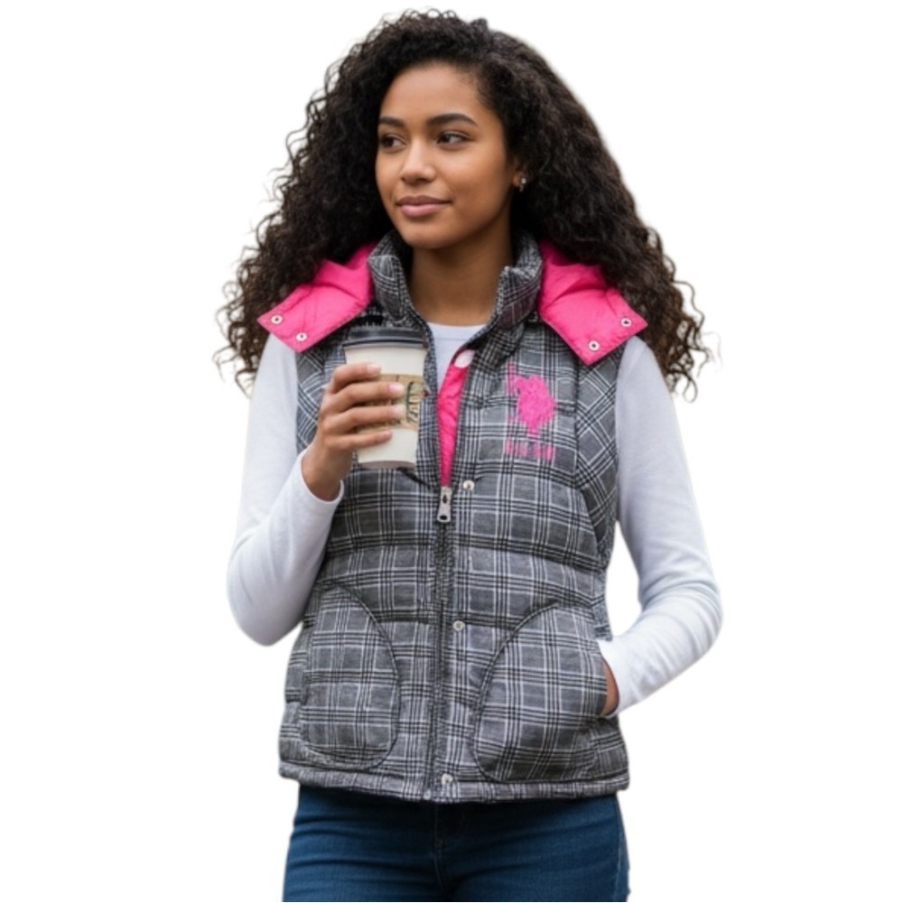 US Polo Assn. Plaid Puffer Vest Hooded Faux Fur NWOT L Pink/Black - Picture 2 of 9